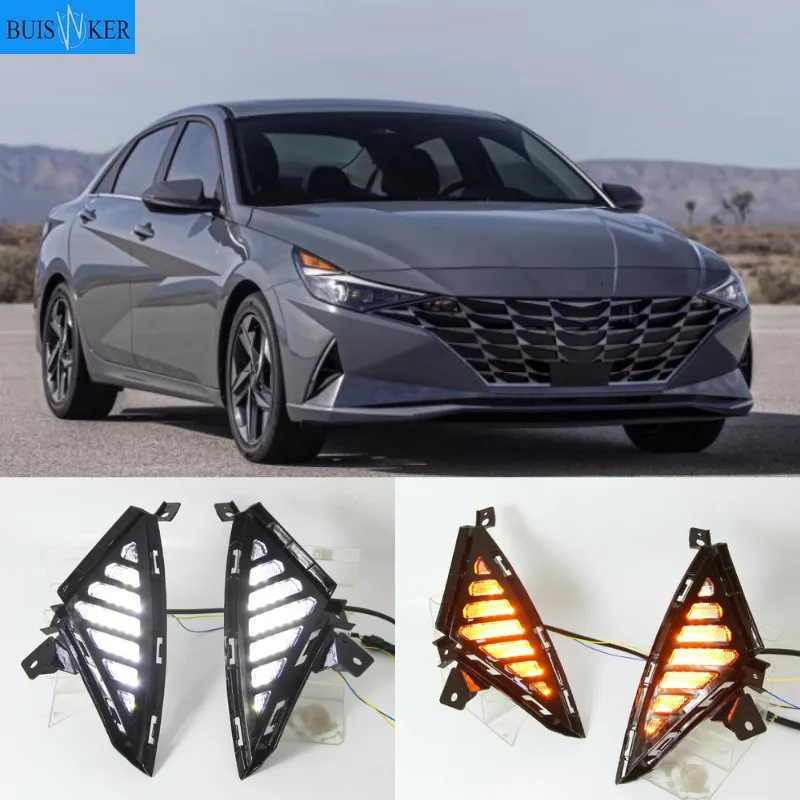 

LED DRL Daytime Running Lights with Yellow Turn Singal Car Fog Lamp Cover Case For Hyundai Elantra 2020 2021