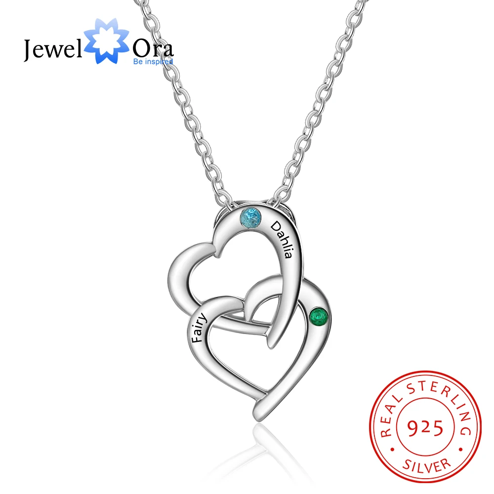 Personalized 925 Sterling Silver Interlocking Heart Necklace with 2 Birthstones Custom Engraved Name Silver Pendants for Women