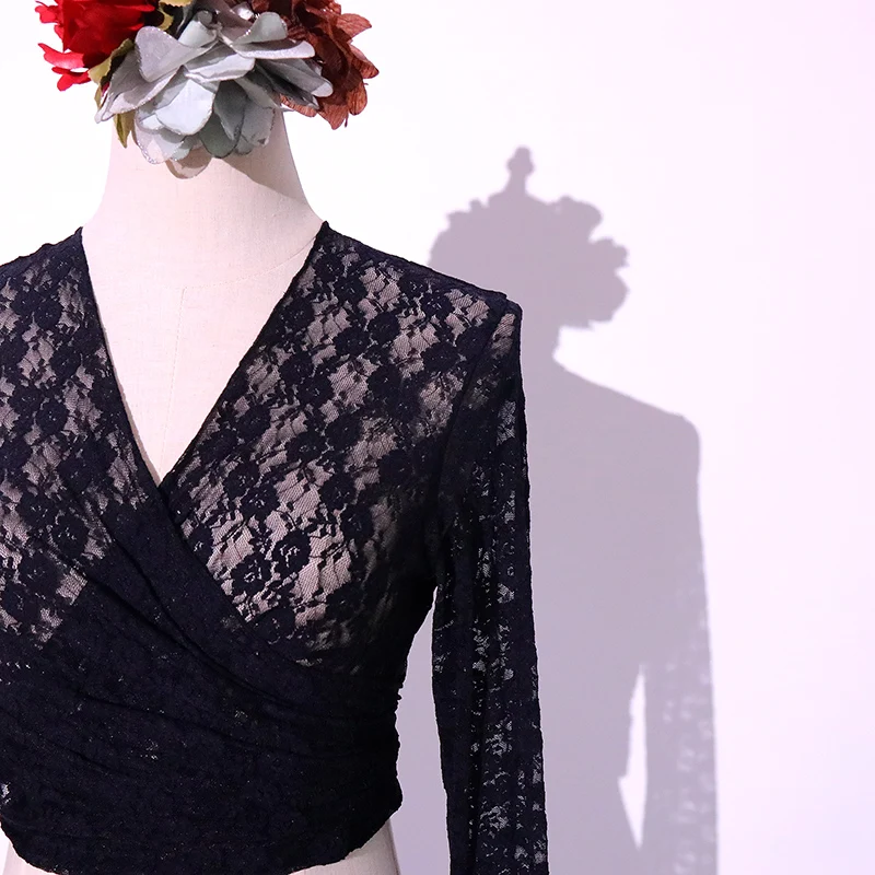 女性用フラメンコレーストップ、ラップタイシャツ、シャーリングスタイルスリーブ、euu16