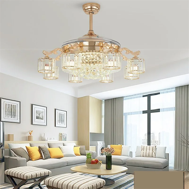 AOSONG Ceiling Fan Lights Luxury Crystal Lamp Remote Control Without Blade Modern Gold For Home Dining Room