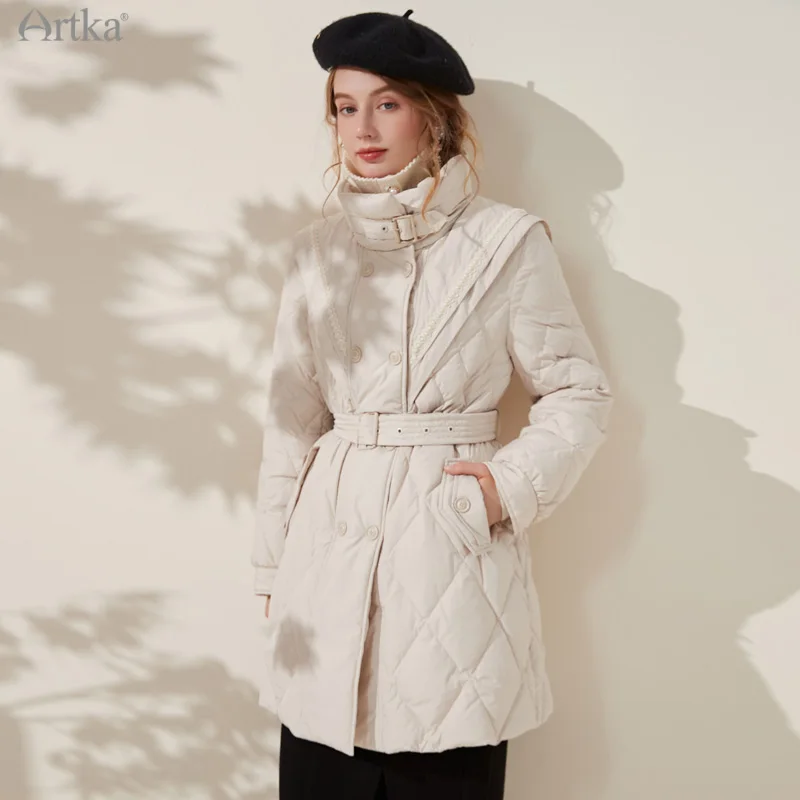 ARTKA 2021 Winter New Women Down Jacket Elegant Stand Collar 90% White Duck Down Coat Midi Warm Down Jacket With Belt ZK25012D