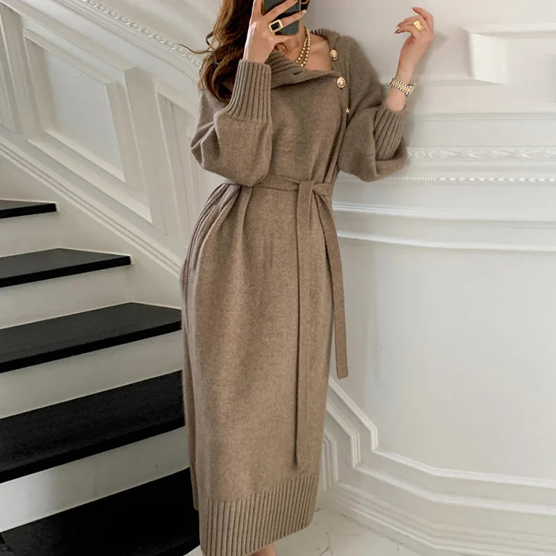 Winter Solid Knitted Sweater Dress Turtleneck Full Sleeve Elegant Midi Dress Buttons Dresses for Women Vestidos