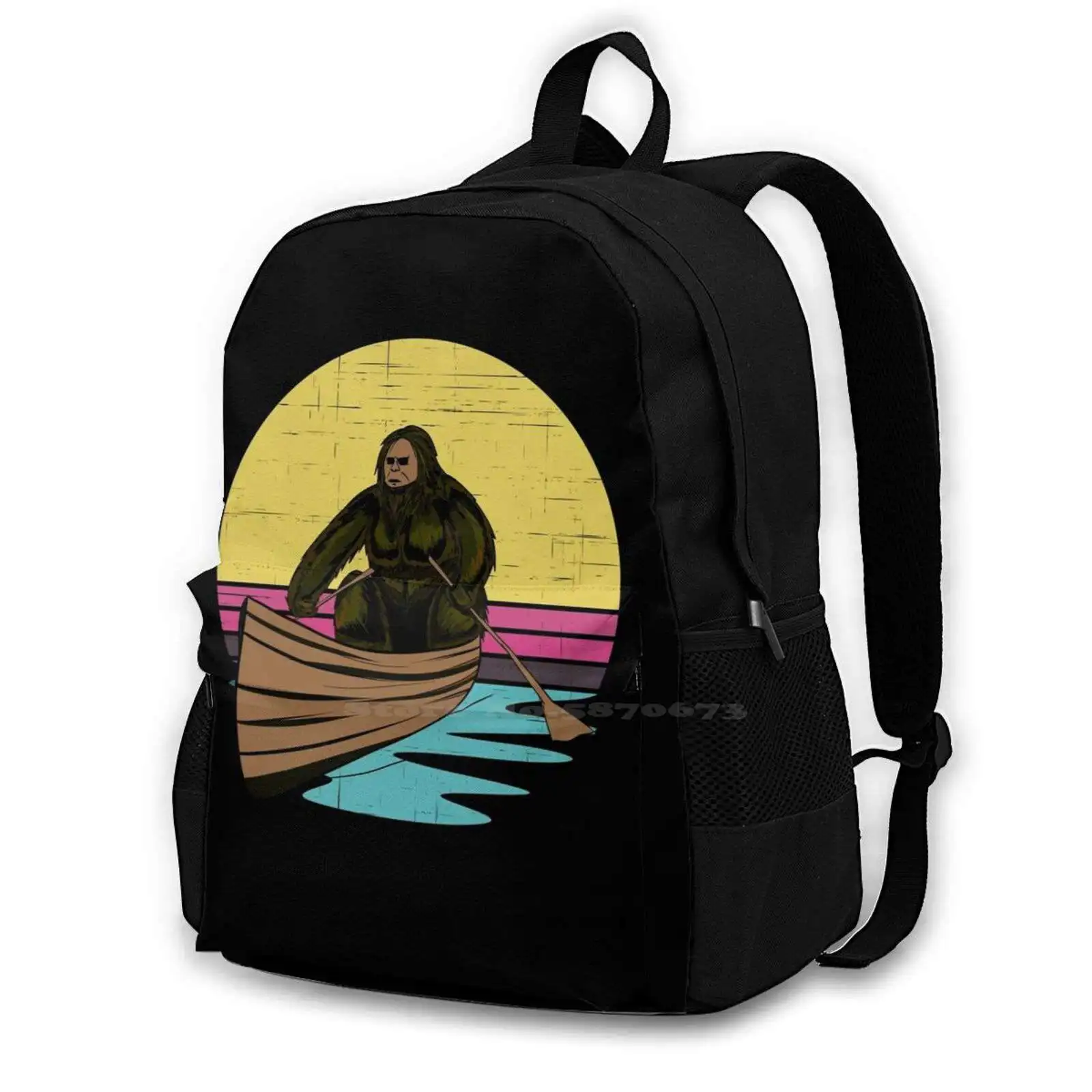 Funny Bigfoot In A Boat , Sasquatch For Teen College Student Backpack Pattern Design Bags Marshmallows Campfire Bigfoot