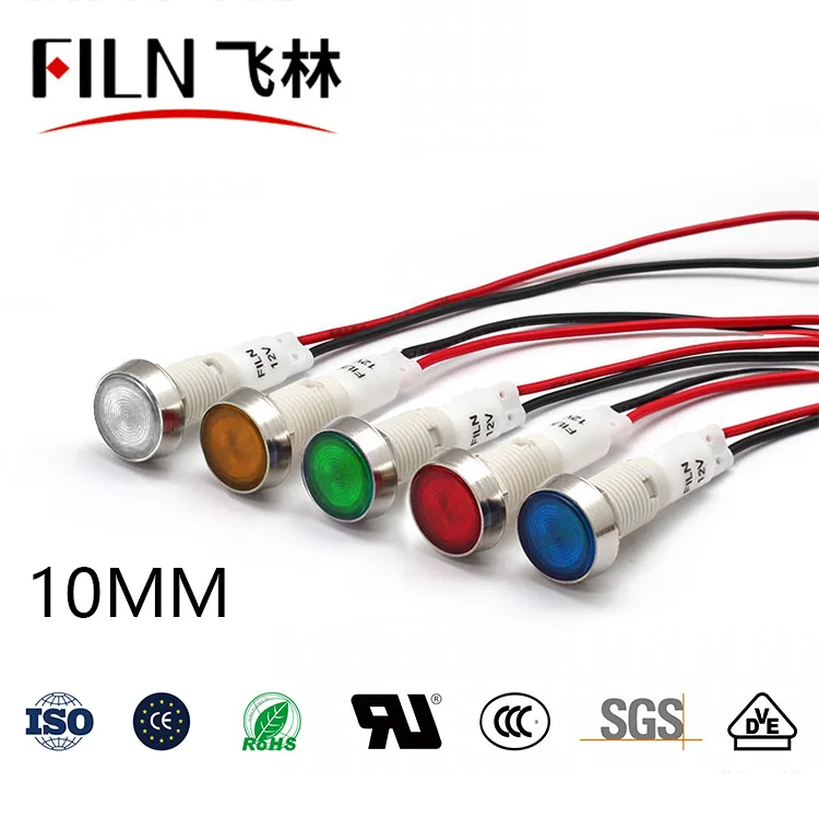 FILN 10mm 12v 24v 220v 110v  red signal lamp indicator light with Various Length for water boiler