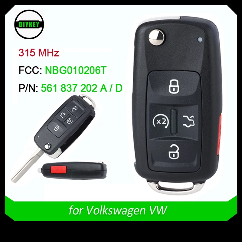 

DIYKEY Flip Remote Car Key Fob 5 Buttons 315MHz for Volkswagen VW FCC ID: NBG010206T, P/N: 561 837 202 D, 561 837 202 A