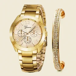 Montre + Bracelet pour femmes, 2 pièces/ensemble, mode de luxe, Simple, or, bijoux, cadeau