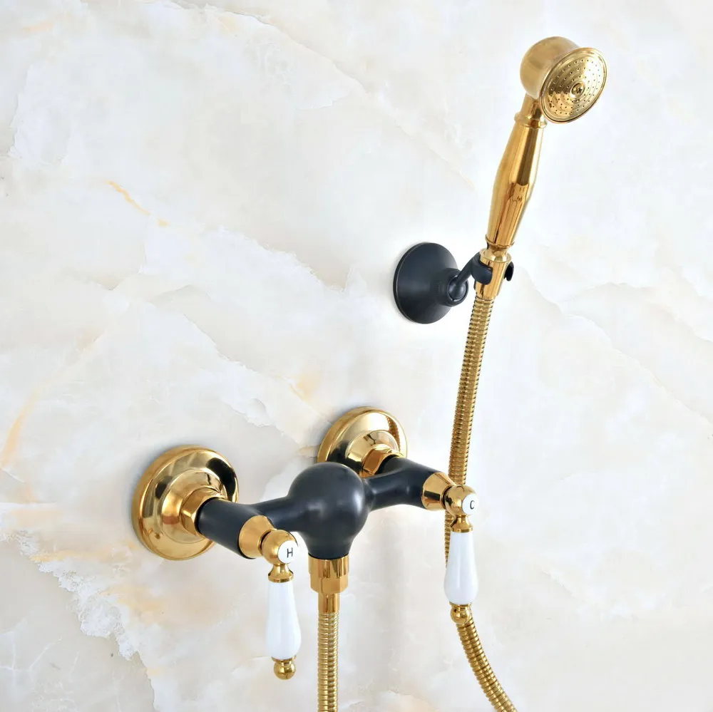 

Black Oil Rubbed & Gold Brass Wall Mount Bathtub Faucet with Handheld Shower Set +1500MM Hose Mixer Tap 2na508