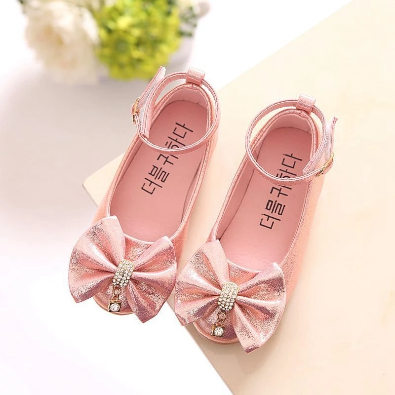 JGVIKOTO Girls Leather Shoes Soft Princess Sweet Toddlers Girl Big Kids School Shoes Ankle-strap Butterfly-knot With Rhinestone