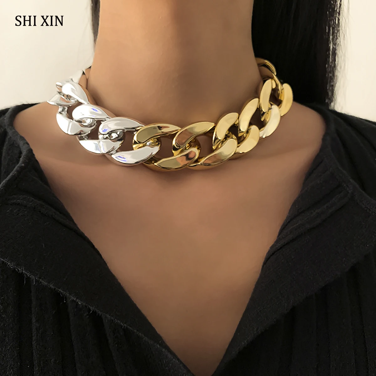 SHIXIN Hiphop Thick Link Chain Necklace on Neck Punk Chunky Short Choker Collar Necklace for Women Neck Chains