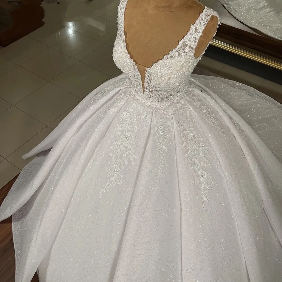 Dubai lantejoulas frisadas vestidos de casamento, V-Neck vestidos nupciais, vestido personalizado, árabe, Dubai, Luxo, 2024