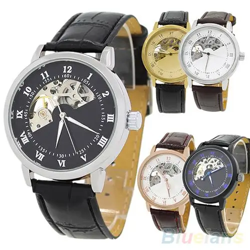 Men's Mechanical Hollow Dial Faux Leather Band Arabic Numerals Wrist Watch