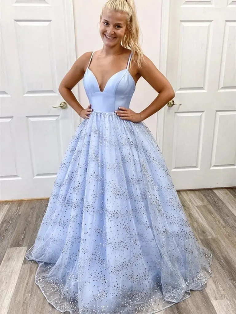 Simple Blue Evening Dress 2022 Heart Neck Double Strap Backless A Swing Tufted Long Prom Dress