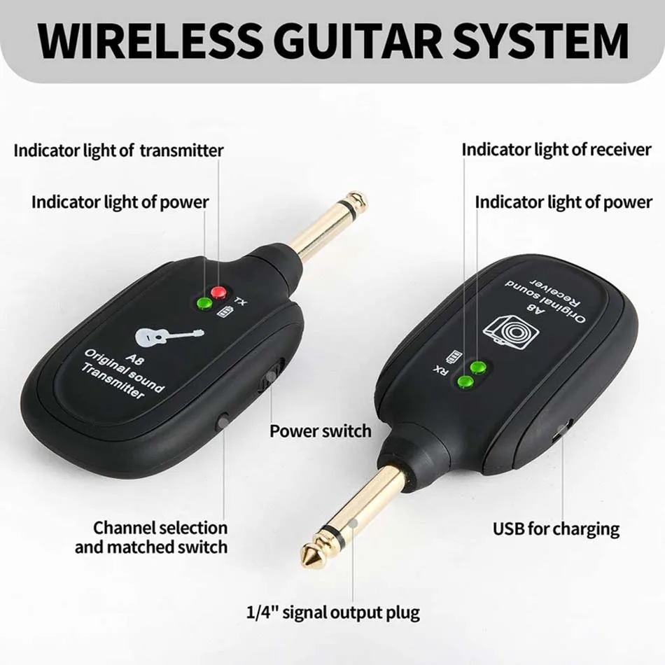 Hot A8 Guitar Wireless System Transmitter Receiver Built-in Rechargeable Built- in Rechargeable wireless guitar transmitter