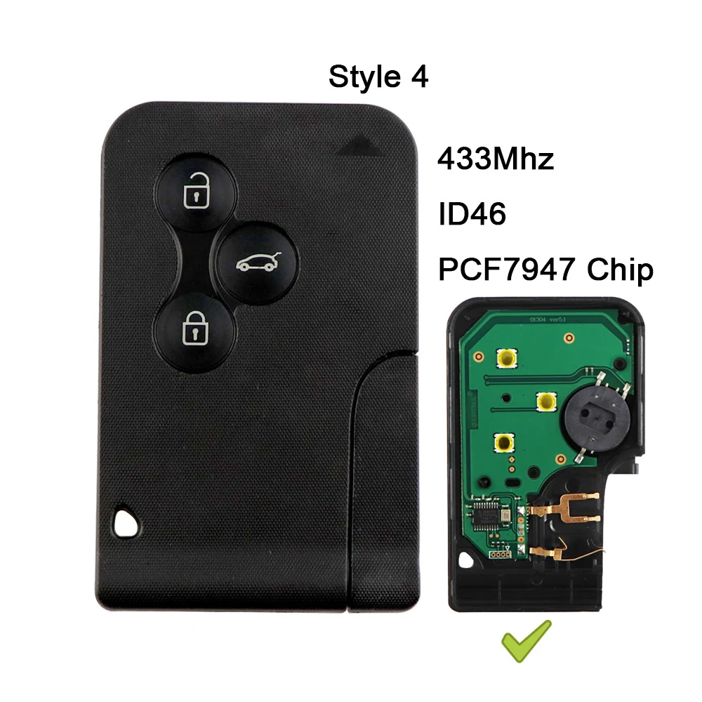 YIQfeat IN-Carte Intelligente Sans Clé à 3 lèvent pour Renault Clio Logan Megane 2 3 Scenic, 433Mhz, Clé d\'Urgence à Distance, Puce ID46 PCF7947