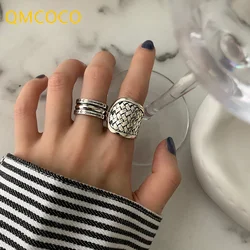 QMCOCO Simple Vintage Silver Color Geometric Wide Ring Unique Design Arrow Star Pattern Light Luxury Punk Ring Men Women Gifts