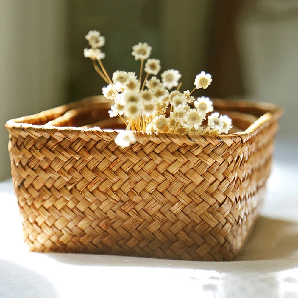 Fine Handmade Straw Dried Flower Fruit Pot Basket Rattan Box Candy Earphone Organizer Home Decor