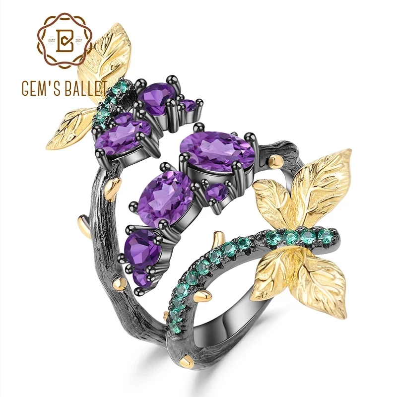 GEM'S BALLET 925 Sterling Silver Branch Butterfly Rings 1.46Ct Natural Amethyst Original Open Adjustable Ring for Women Bijoux