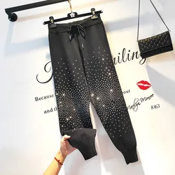 2022 Spring Autumn Pants Women Heavy Bar Hot Drill Knitted Women Pants High Waist Nine Points Harem Pant ropa mujer