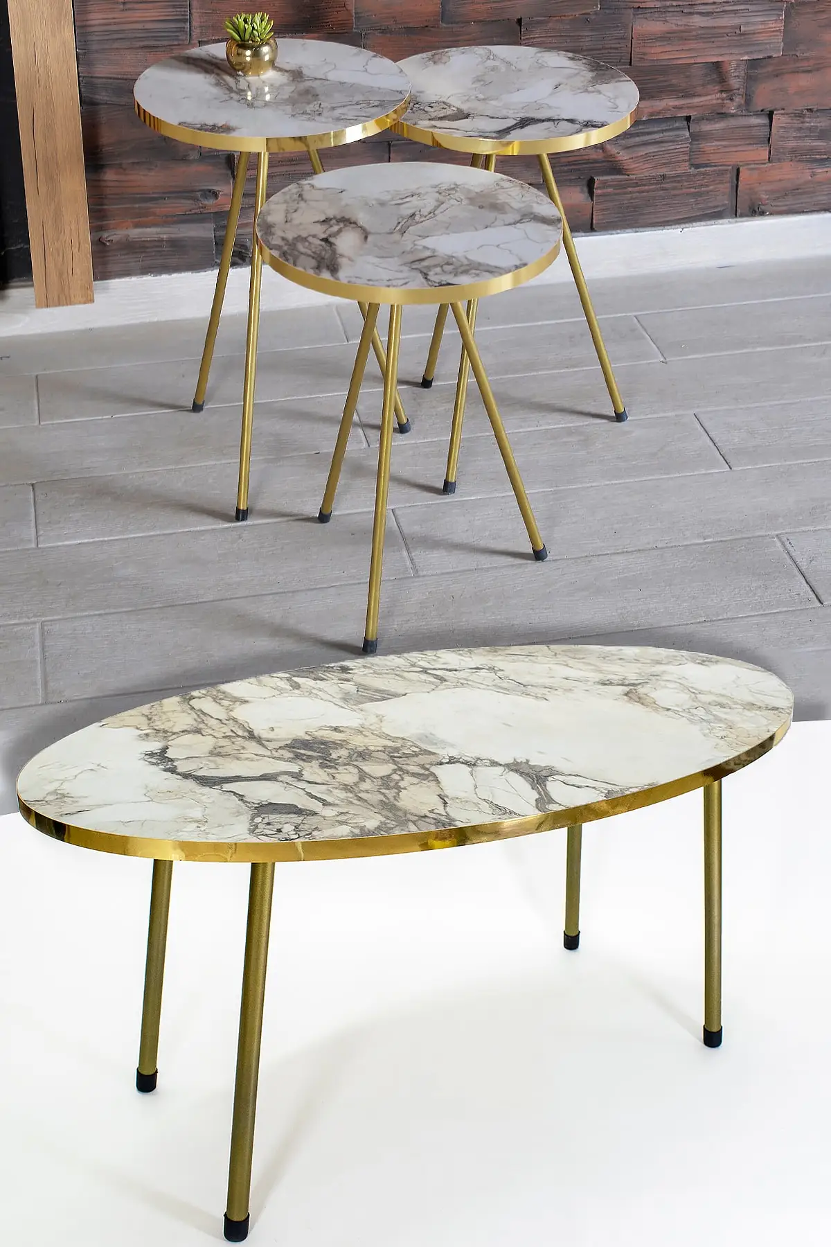Zigon Coffee Table And Coffee Table in the Middle Ellipse Gold Metal Toe Gold Ephesus Set