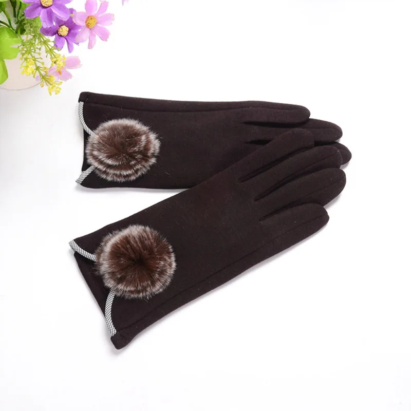 

Female Autumn Winter Non-Inverted Velvet Cashmere Full Finger Warm Hairball Mitten Women Cotton Touch Screen Driving Glove A36