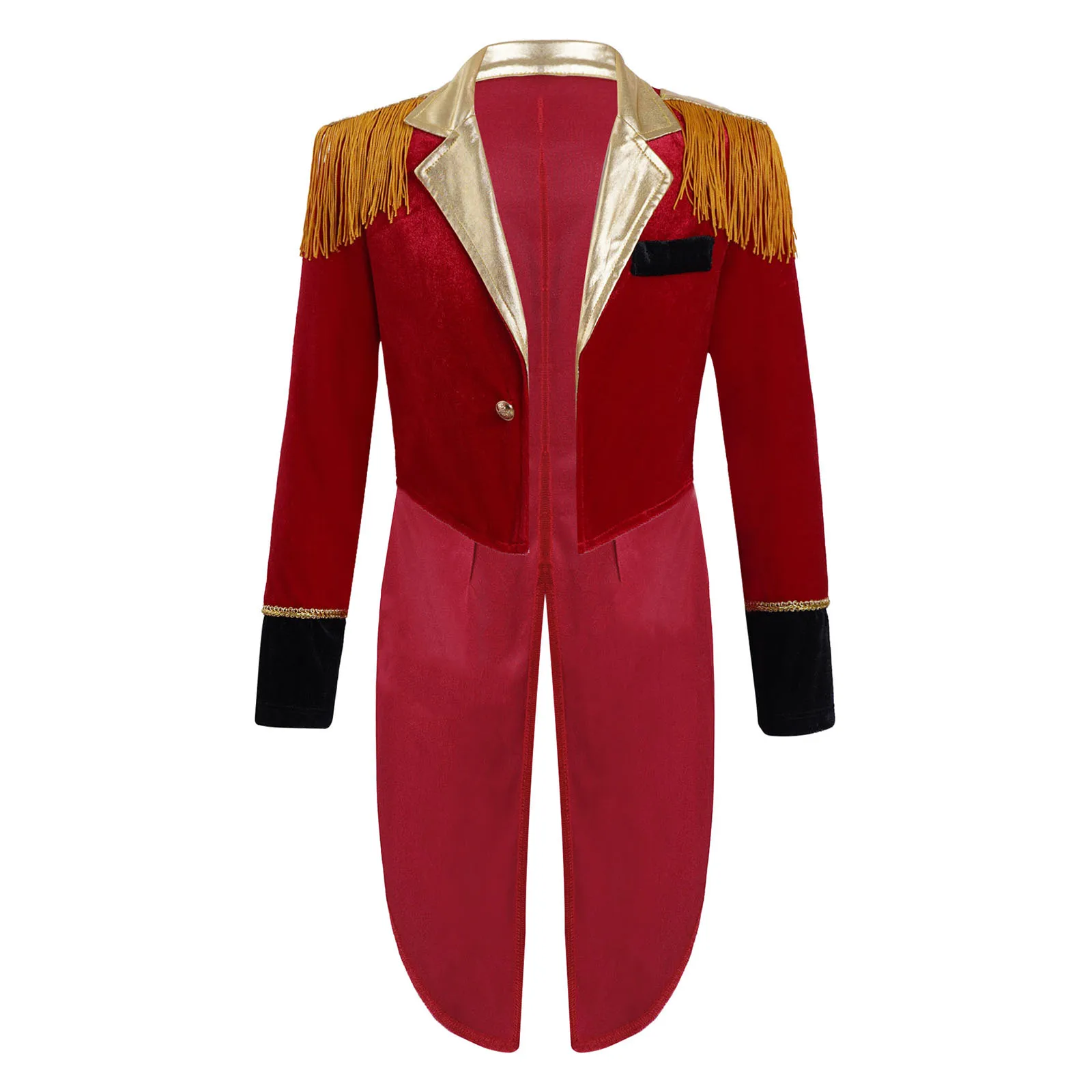 Costume de Cosplay de cirque pour enfants, rouge, à manches longues, glands ornés, manteau à ourlet plongeant, tenue de carnaval, de noël et d'halloween