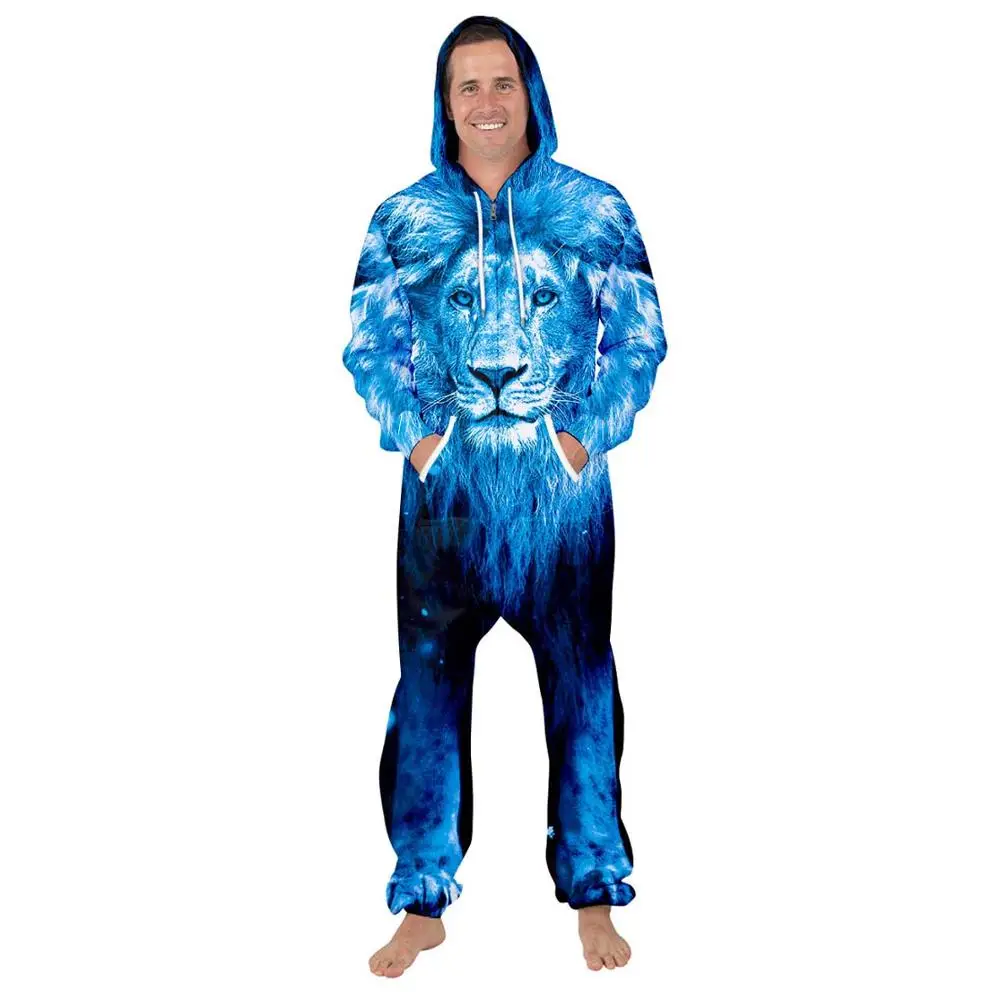 2020 Wome Print Jumpsuit One-piece Pajama Romper Playsuit Adult Lion Printed Zipper Hoodie Bodysuit Streetwear Overalls Outfits