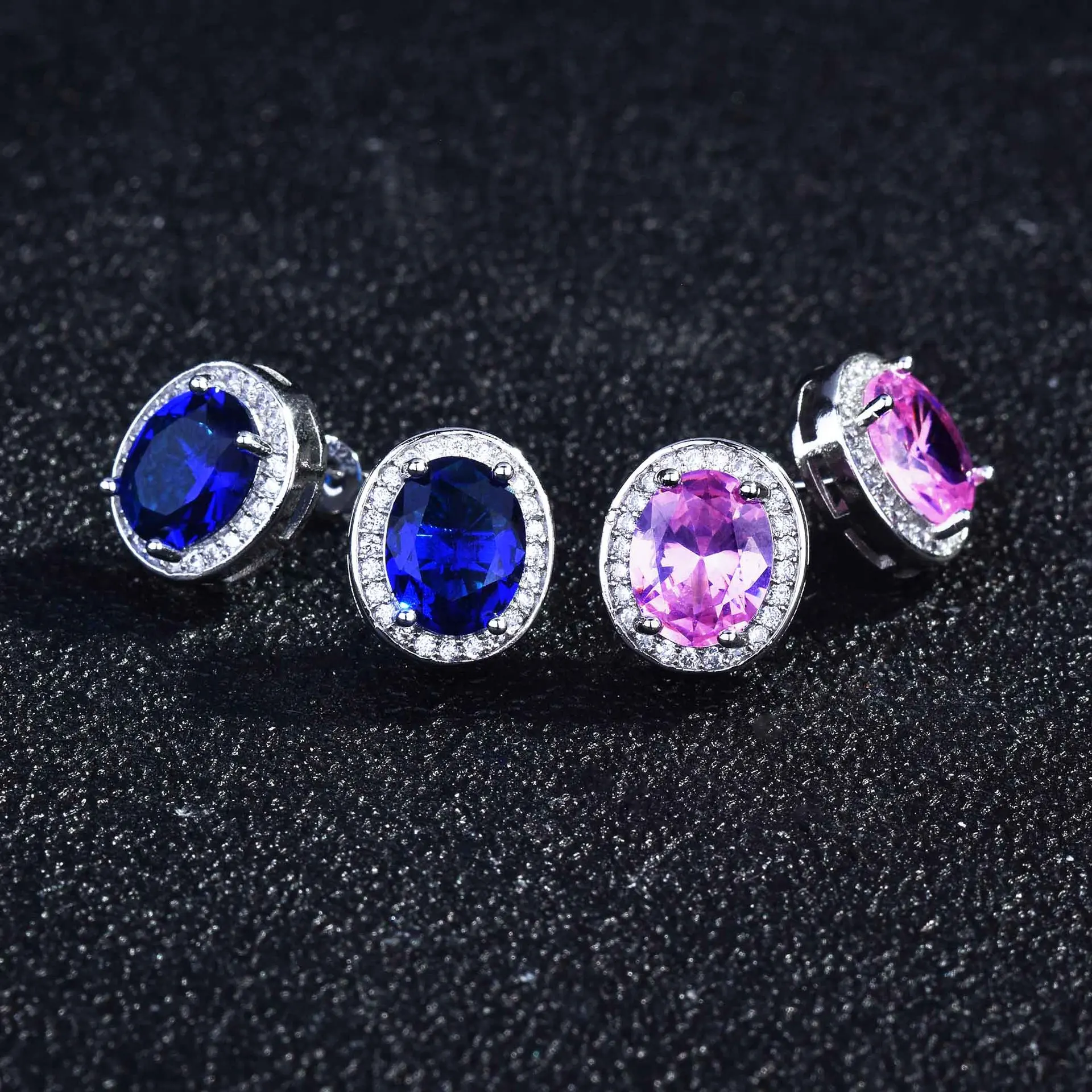 New Fashion Simple Design Oval Dark Blue/Pink Zircon Stud Earrings Women's Daily Silver Color Ear Accessories For Women