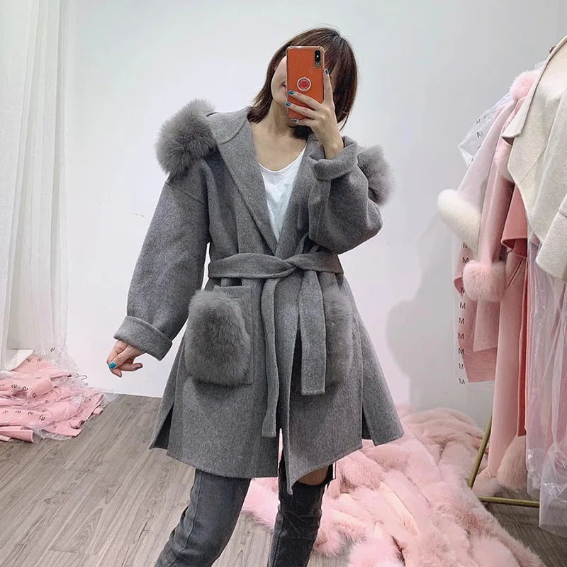 

Spring Loose Wool Blended Coat With Real Fox Fur Hood Trimming Women Plus Size Winter Real Wool Jacket Outwear Fox Frim Pocket