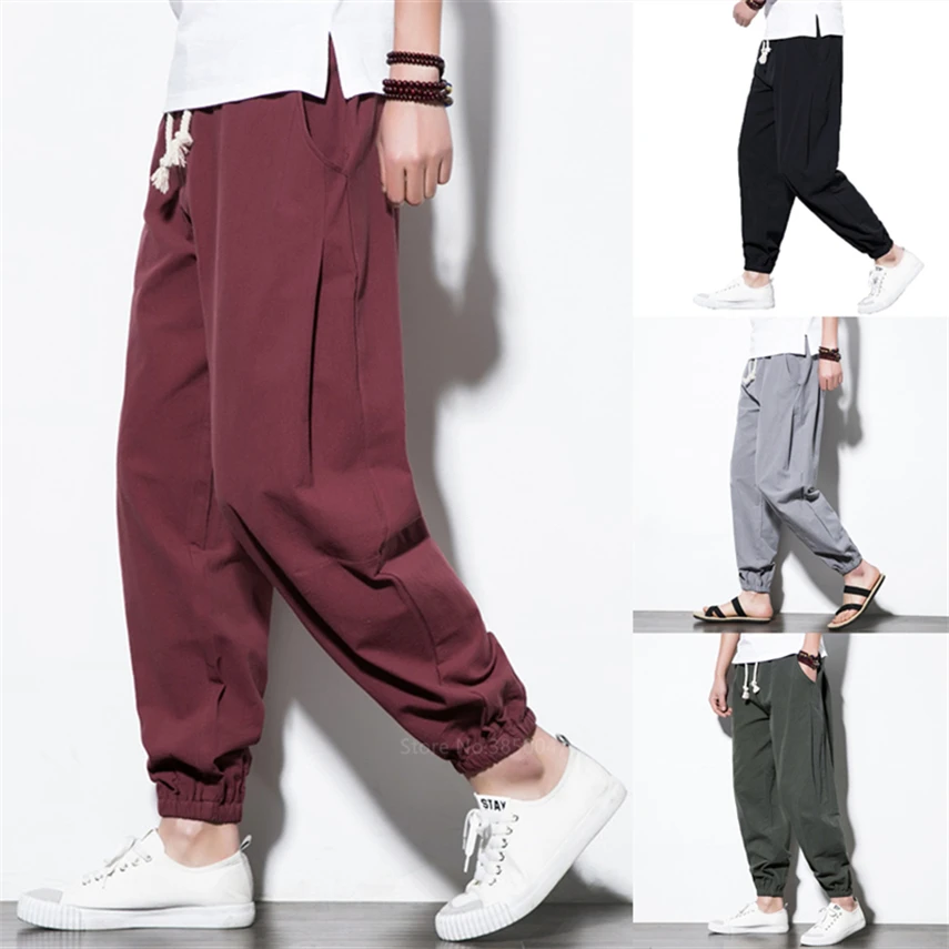 New Japanese Asian Style Pant for Men Adult Kimono Haori Vintage Samurai Chinese Male Leggings Trousers Maxi M-5XL