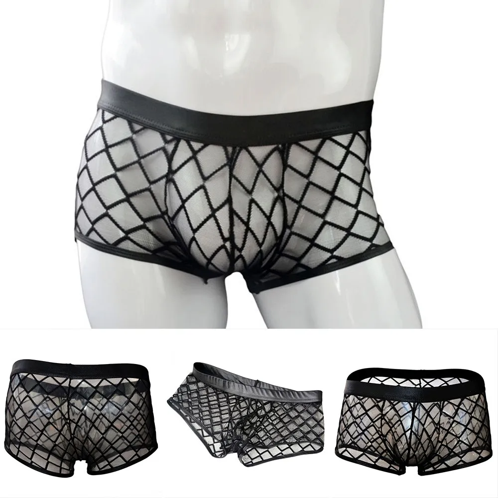 

Men Sexy Grid Boxershorts Lingerie Sleep Bottoms Breathable Comfortable Panties Transparent Mesh Low-Waist Boxer Briefs