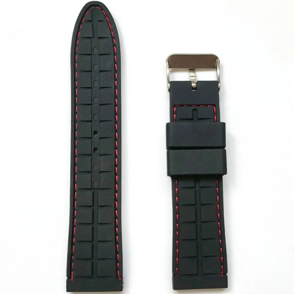 18mm 20mm 22mm 24mm Stitching Silicone Rubber Watch Band Soft Black Contrast Stitched Strap for Fashion Casual Watches