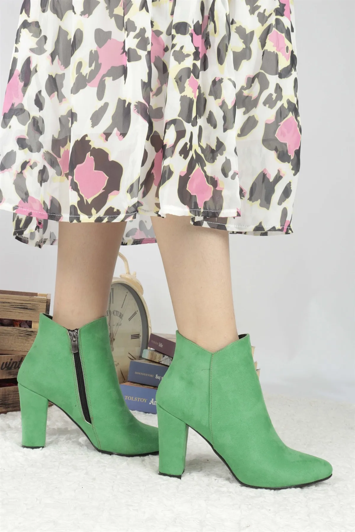 Barnes Green Suede Women Boots New Fashion High Quality Platform Pump Winter Spring Shoe Ankle Square Heel Женские сапоги