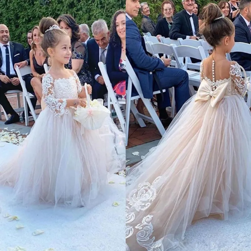 Vestido clássico de tule para meninas, vestido de primeira comunhão com laço e apliques de manga comprida, de tule para casamento, vestido de baile de aniversário