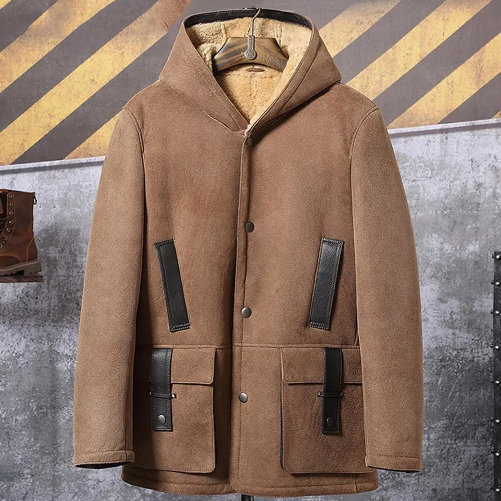 Shearling Coat Mens Yellow B3 Bomber Jacket Hooded Leather Jacket 2019 New Winter Coats Long Fur Jacket Trench Coat