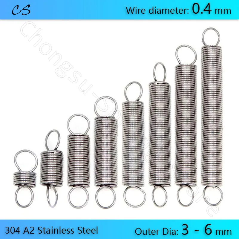 10PCS 0.4 mm Tension Spring with Hooks A2 Stainless steel 0.4 mm Wire Dia Extension Springs Outer Dia 3 4 5 6mm Length 10 - 60mm