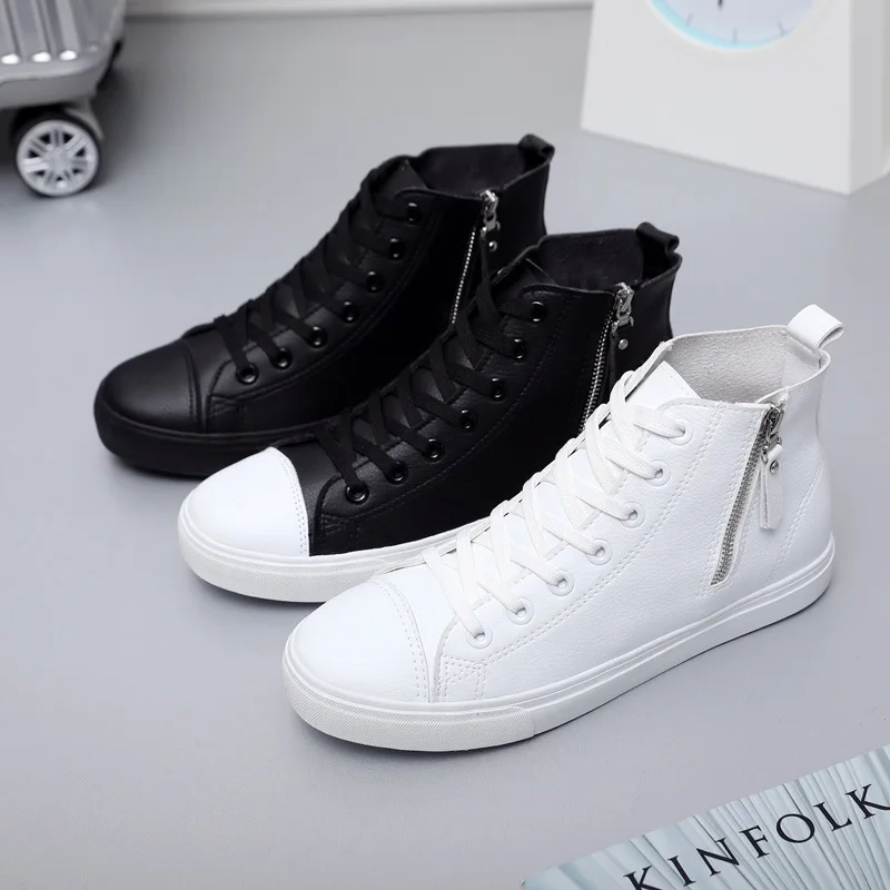 Pu Leather Sneakers Men Spring High Top Sneakers White Shoes 2020 Side Zipper Male Fashion Ankle Shoes Sneakers Flats