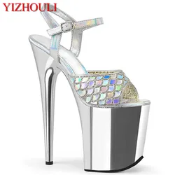 8 inch high heel banquet stage shoes, fish scale upper silver plating 20 cm stiletto sandals, sexy model pole dancing shoes