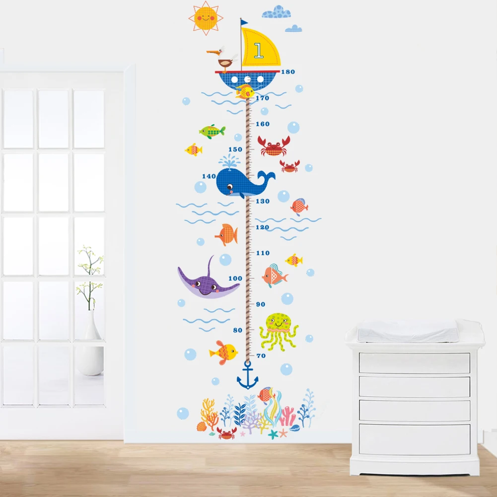 Creative Height Growth Chart Wall Sticker Kids Boys Girls Underwater Sea Fish Anchor Finding  Decorative Decal Poster