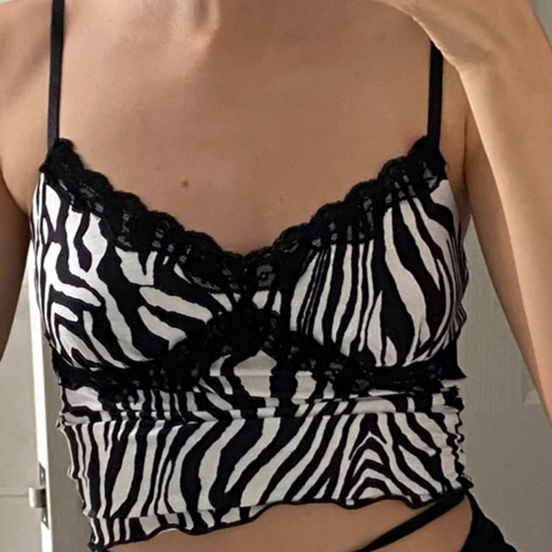 

Sexy Animal Printed Lace Trim Cami Y2K Summer Spaghetti Strap Top Backless Sleeveless Cropped E-girl Women Vintage Clothes