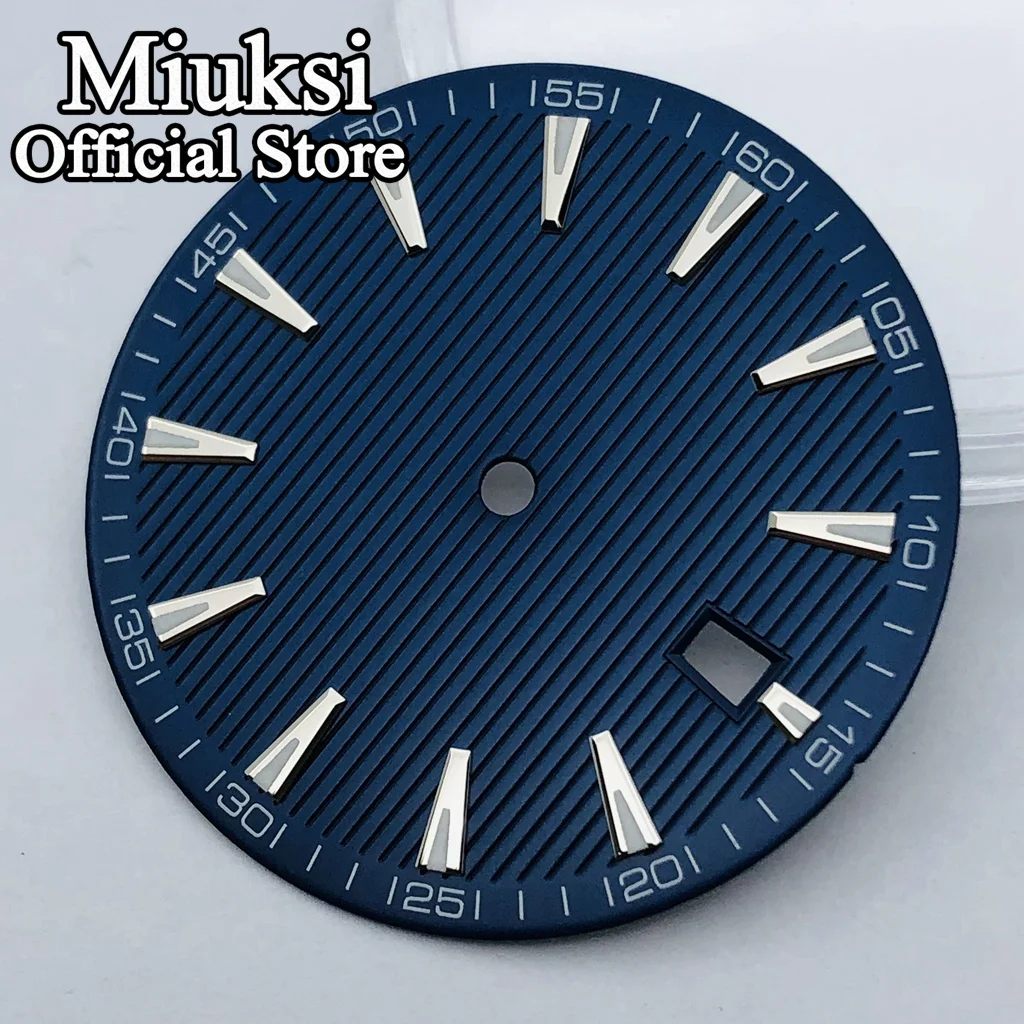 Miuksi 33.4mm black blue white watch dial luminous fit NH35 ETA2824 2836 Miyota8215 821A Mingzhu DG2813 3804 PT5000 movement