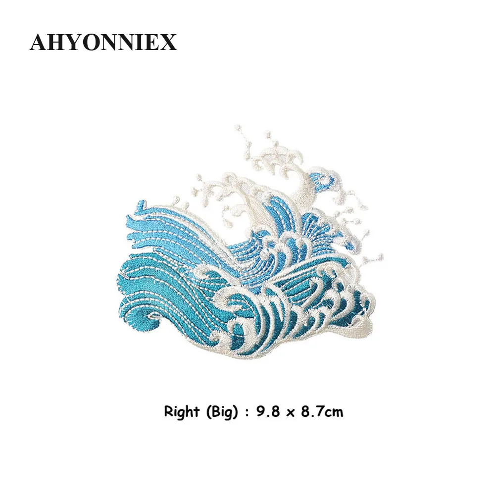 AHYONNIEX Blue Sea Spray Embroidery Repair Patches Bag Jacket Jeans Strip Iron On Patches for Clothes Pairs Glue Sticker