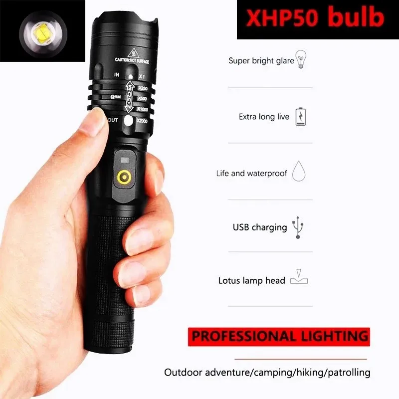 D2 Led XHP70 Xhp50 Flashlight Zoomable Rechargeable Super Bright Usb EDC Torch Light Lamp Lantern 18650 Battery Out Camping Hand