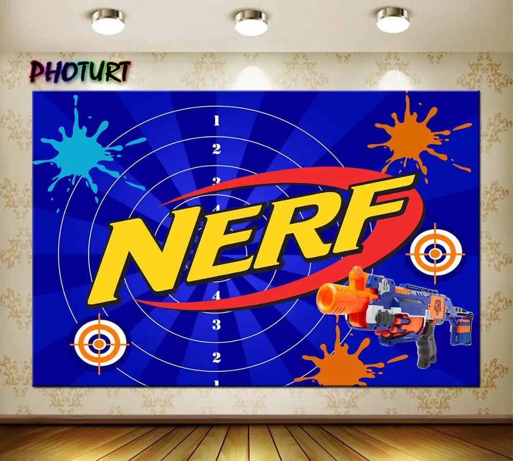 HOTURT NERF Gun Photography Backdrop Kids Birthday Party Background Blue Toy Bullseye Polyester Vinyl Photo Studios Props