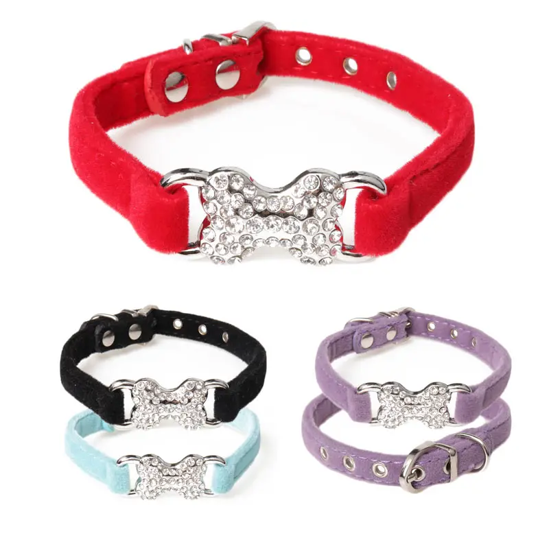 Diamantes de imitación de Gato Collar de mascota perro accesorios pequeños Coleira Gato hueso Collier Collar brillo de terciopelo suave personalizado, rojo, azul