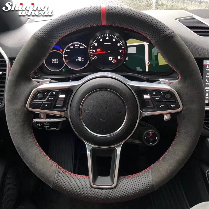 

Shining wheat Black Leather Suede Steering Wheel Covers for Porsche Macan Cayenne 2015 2016