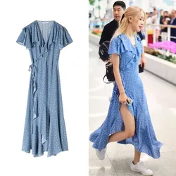 kpop ROSE same Blue wave point V-neck irregular ruffle dress summer korean streetwear sexy dresses women clothes