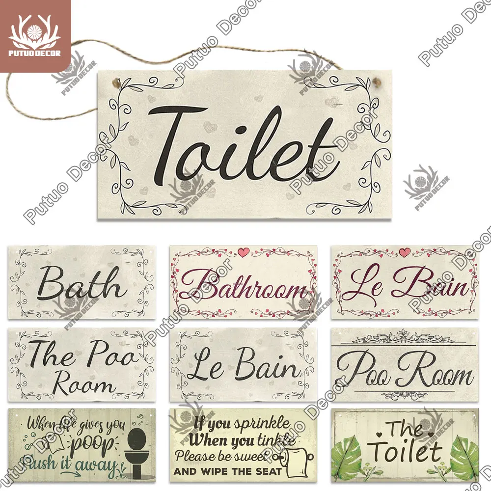 Putuo Decor Toilet Signs Wooden Hanging Plaque Decorative Plaque for Toilet Door Hanging Sign Wood In Bar Pub Beach Home Decor