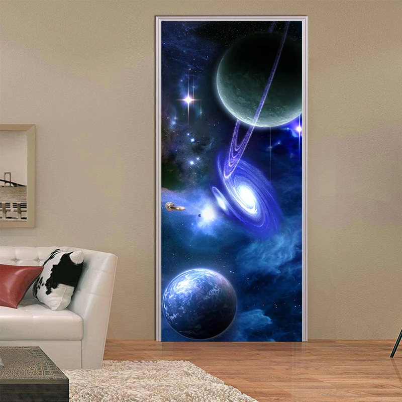 3D Door Sticker Wallpaper Universe Starry Sky Wall Painting Living Room Boy Girl Room Bedroom Door Mural Self Adhesive Stickers