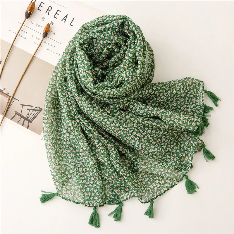 Ladies Fashion Green Polka Floral Tassel Viscose Shawl Scarf Travel Seaside Holiday Sunscreen Scarves Wrap Foulards Hijab Snood