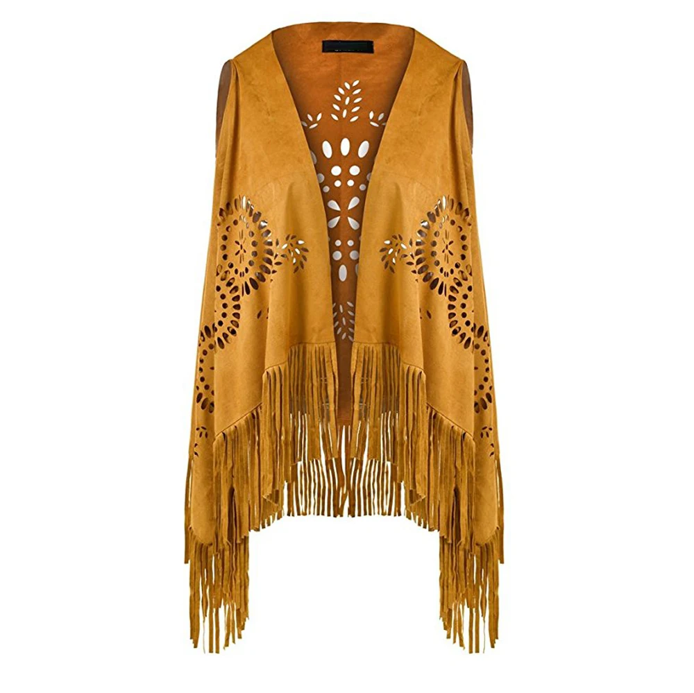 Suedette V-Neck Front-Open Fringe Sleeveless Cardigan Gilet Vest with Punch Hole Patterns for Ladies Dropshipping